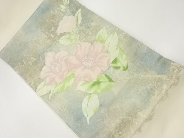 リサイクル　草花模様織出し開き名古屋帯（額縁仕立て）